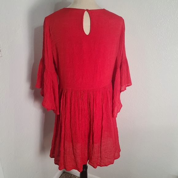 Umgee Red Embroidered Babydoll Bliss Bohemian Dress with Bell Sleeves Size Large - Picture 8 of 10